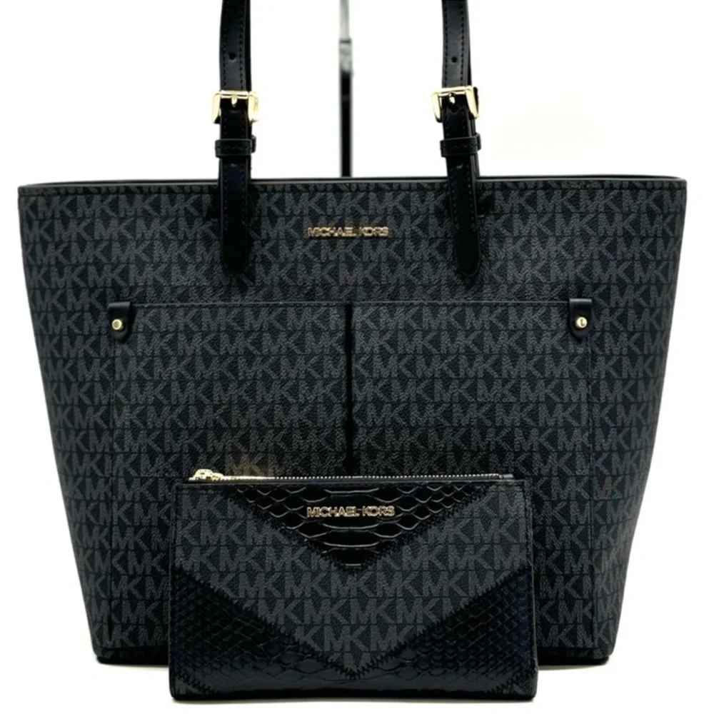 Michael Kors Jet Set Medium Pocket Tote Bag & Double Zip Wallet Black Signature
